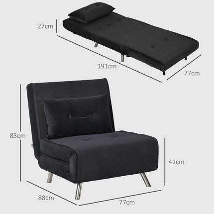 Velvet Folding Sofa Chair Bed with Cushion, Black, 77x88x83Cm