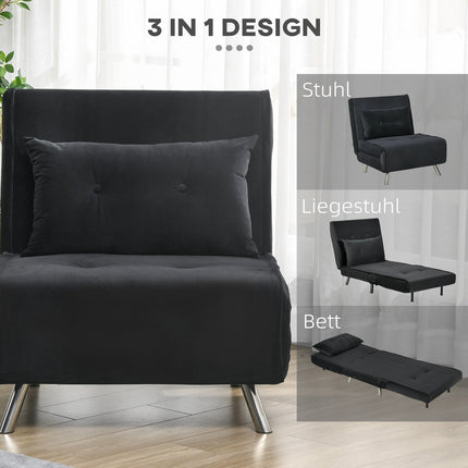 Velvet Folding Sofa Chair Bed with Cushion, Black, 77x88x83Cm