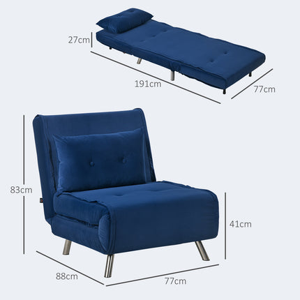Folding Velvet Sofa Bed - Blue, Cushioned, 77x88x83cm