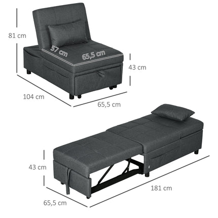 3-in-1 gray folding chair - Guest bed with wheels and pocket