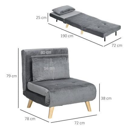 Folding sleeping chair Bed, Adjustable backrest, Gray velvet
