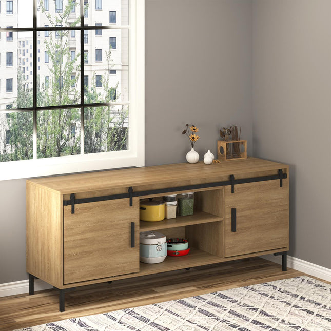 Double sliding door system in wood, black carbon steel