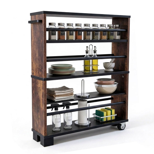 Slanke trolley met 3 etages, houtnerfstructuur en handgreep.