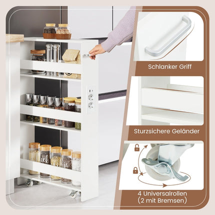 Slim 4-Tier Rolling Kitchen Cart with Charging Station