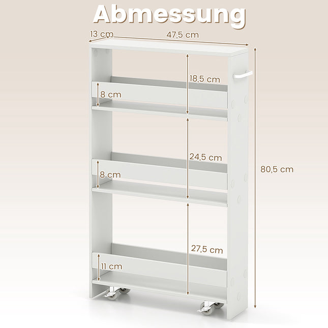 Slim 4-Tier Rolling Storage Cart with Open Shelves, White