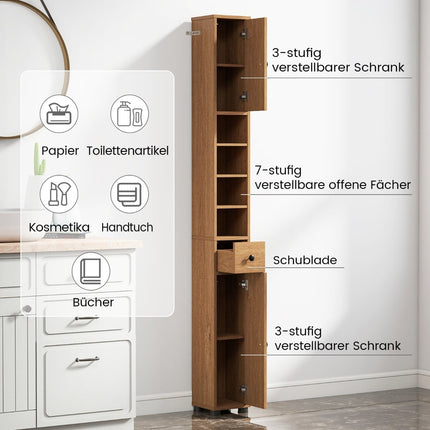 Slim Bathroom Cabinet with 2 Doors, Drawer & Adjustable Shelves