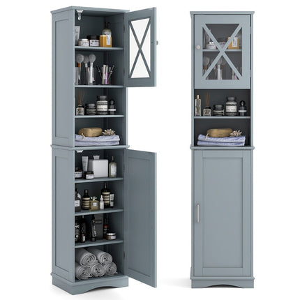 Slim Bathroom Cabinet with 5 Adjustable Shelves & 2 Doors Freestanding Tall Cabinet Grey