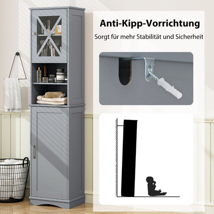 Slim Bathroom Cabinet with 5 Adjustable Shelves & 2 Doors Freestanding Tall Cabinet Grey