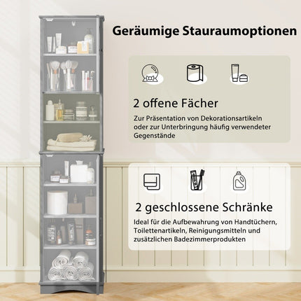 Slim Bathroom Cabinet with 5 Adjustable Shelves & 2 Doors Freestanding Tall Cabinet Grey