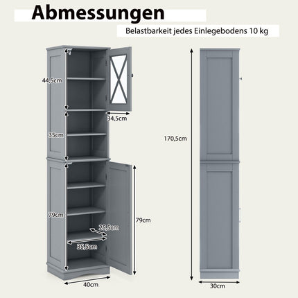 Slim Bathroom Cabinet with 5 Adjustable Shelves & 2 Doors Freestanding Tall Cabinet Grey