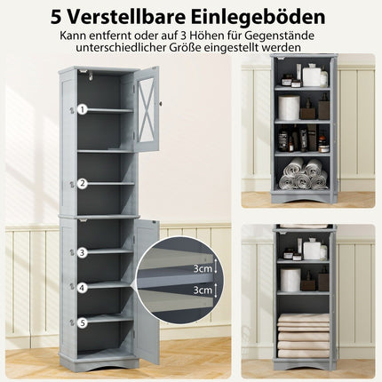 Slim Bathroom Cabinet with 5 Adjustable Shelves & 2 Doors Freestanding Tall Cabinet Grey