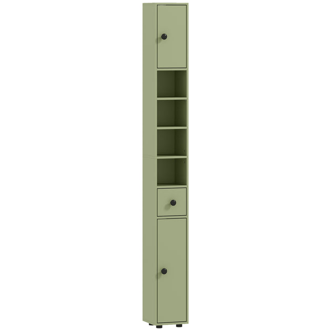 Slim Bathroom Cabinet with Drawer, 4 Shelves, Green, 20x20x180 cm