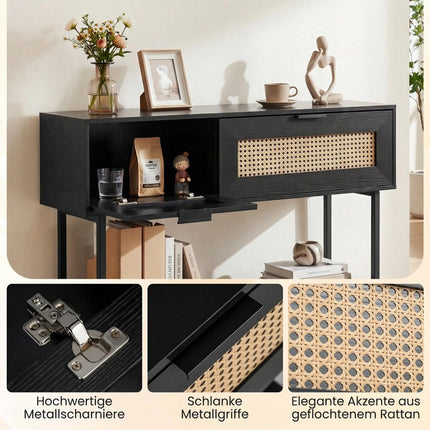 Slim Black Console Table with 2 Shelves & Rattan Design