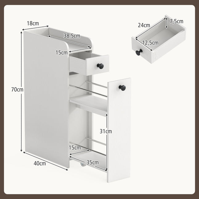 Slim Rolling Bathroom Cabinet with Open Shelf & 2 Drawers