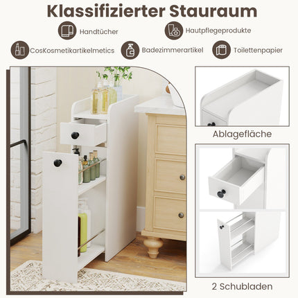 Slim Rolling Bathroom Cabinet with Open Shelf & 2 Drawers