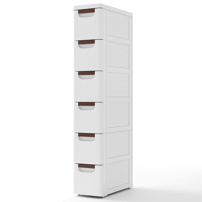 Slim Rolling Storage Cabinet with 6 Drawers, White, PP Material