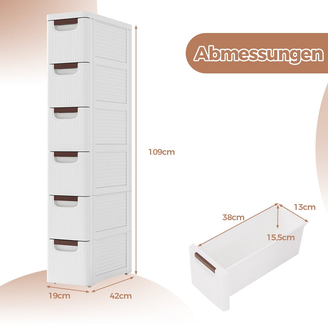 Slim Rolling Storage Cabinet with 6 Drawers, White, PP Material