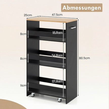 Slim Rolling Storage Cart with Charging Station, 4-Tier, Black