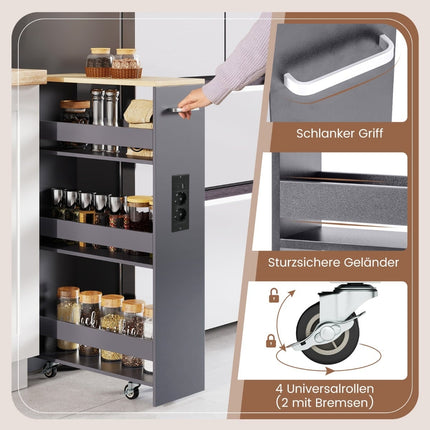 Slim Rolling Storage Cart with Charging Station, 4-Tier, Gray