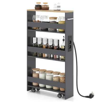 Slim Rolling Storage Cart with Charging Station, 4-Tier, Grey
