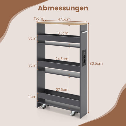 Slim Rolling Storage Cart with Charging Station, 4-Tier, Grey