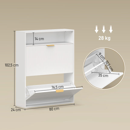 Slim Shoe Cabinet, 2 Flip Drawers, Top Shelf – 24 cm Deep, White