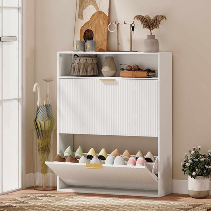 Slim Shoe Cabinet, 2 Flip Drawers, Top Shelf – 24 cm Deep, White