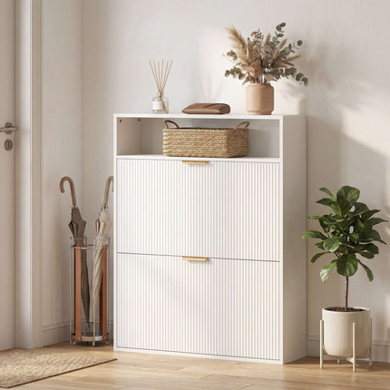 Slim Shoe Cabinet, 2 Flip Drawers, Top Shelf – 24 cm Deep, White