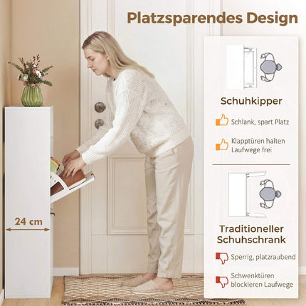 Slim Shoe Cabinet, 2 Flip Drawers, Top Shelf – 24 cm Deep, White
