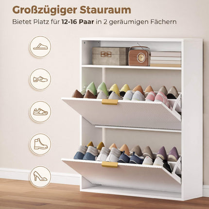 Slim Shoe Cabinet, 2 Flip Drawers, Top Shelf – 24 cm Deep, White