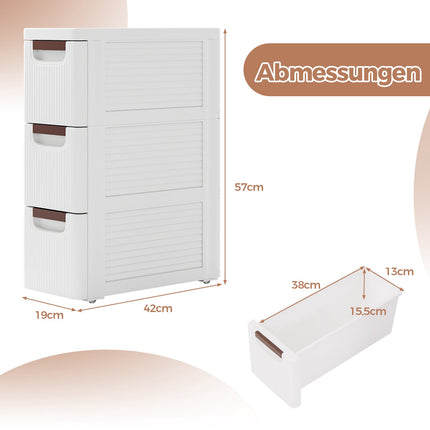 Slim Storage Cart with Wheels, 3 Drawers, White, PP Material