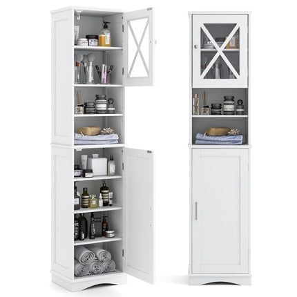Slim bathroom cabinet with 5 adjustable shelves & 2 doors, freestanding tall cabinet, white