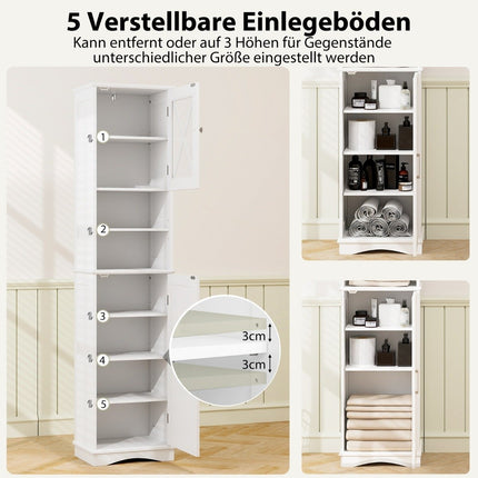 Slim bathroom cabinet with 5 adjustable shelves & 2 doors, freestanding tall cabinet, white