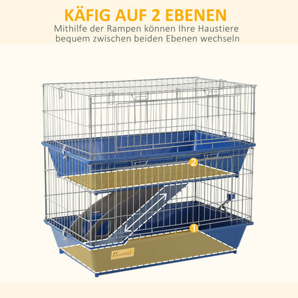 Two-story small animal cage with accessories, blue/grey