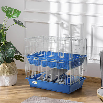 Two-story small animal cage with accessories, blue/grey