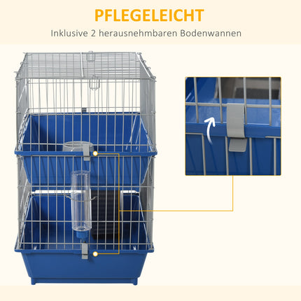 Two-story small animal cage with accessories, blue/grey