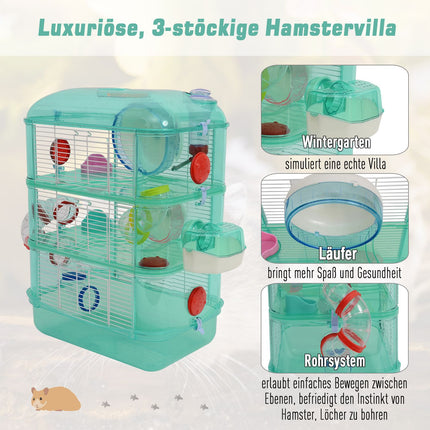 Green pet cage - Includes wheels, bowl and bottle, 40.5x28x55 cm