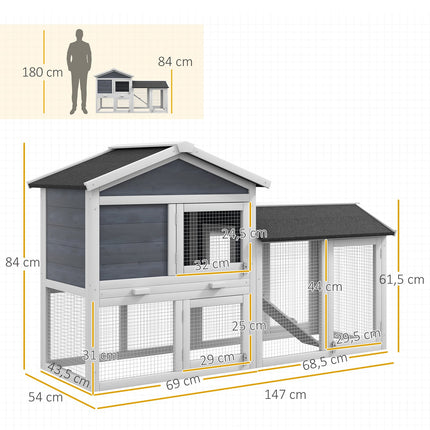 Small Animal Hutch with Run, Fir Wood, 147 x 54 x 84 cm, Gray