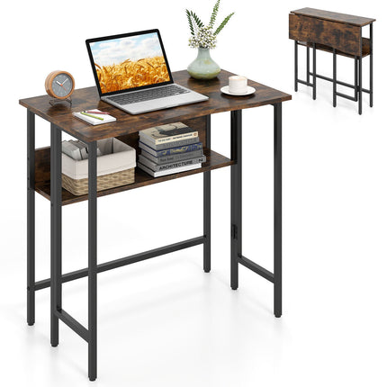 Small Folding Desk with Storage Shelf – Rustic Brown