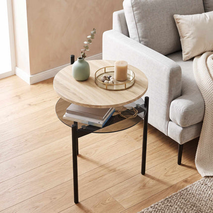 Small Oak Side Table with Open Glass Shelf, 41.8 x 39.8 x 53.5 cm