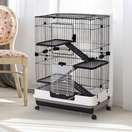 Small Pet Cage, 4 Wheels, 3 Doors, 2 Platforms, Metal, Black