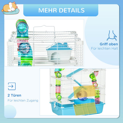 Small animal cage with ramp, running wheels, 59x36x69 cm
