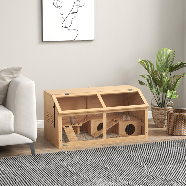 Wooden small animal cage with bridge, ladders, hut - 84x45x44 cm