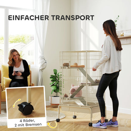 Beige cage for small animals with accessories and pull-out tray
