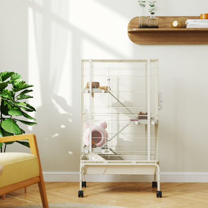Beige cage for small animals with accessories and pull-out tray