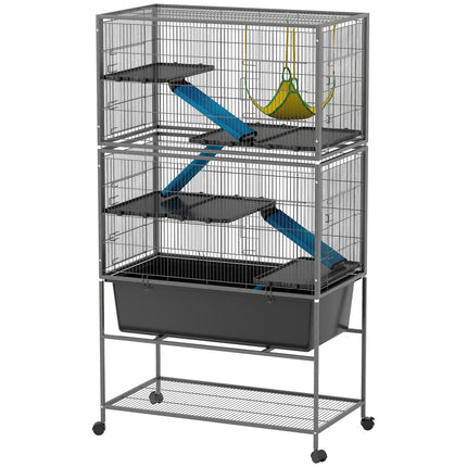 Rodent cage with tray, ramps, hammock and wheels, gray