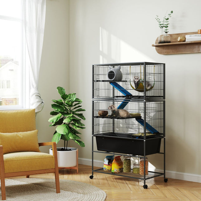 Rodent cage with tray, ramps, hammock and wheels, gray