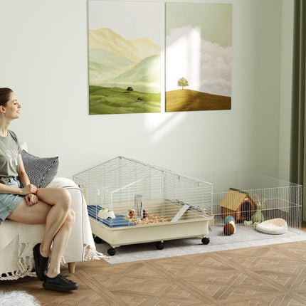 Small animal cage with playpen, wheels and accessories