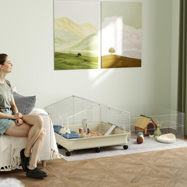 Small animal cage with playpen, wheels and accessories