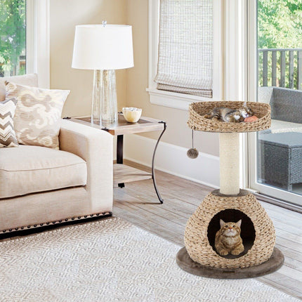 Small cat tree with cave & natural sisal & handmade basket φ 48 x 70.5 cm